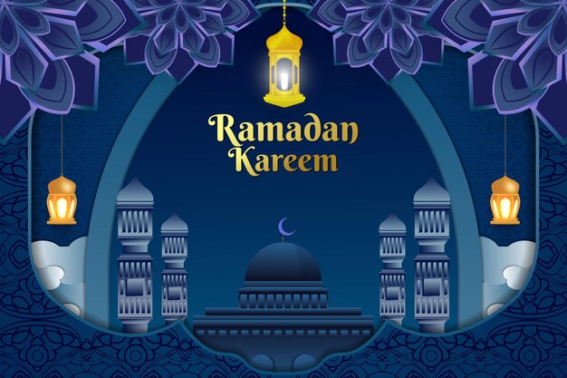 Ramadan kareem islamic background blue color with mosque
