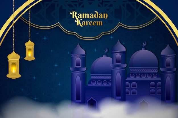 Ramadan Kareem Islamic background blue gold color and element