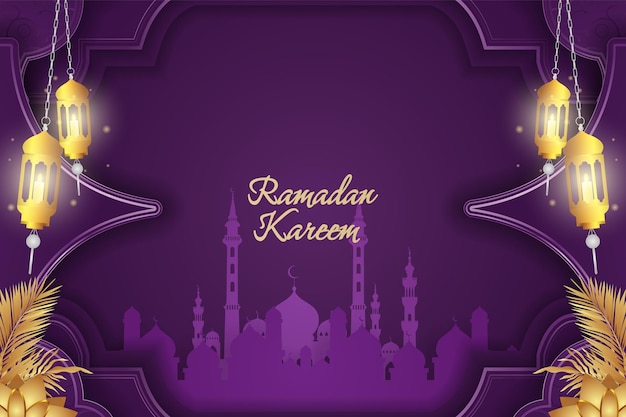 모스크가 있는 라마단 카림 이슬람 배경 보라색과 금색 럭셔리