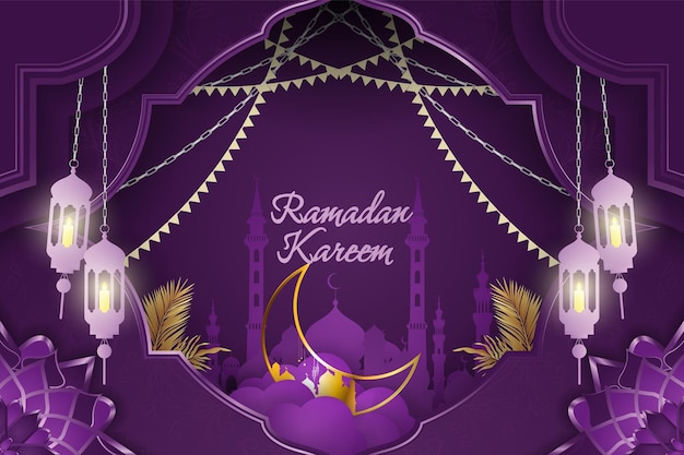 Рамадан Карим Исламский фон фиолетового цвета с силуэтом мечети и золотой луной