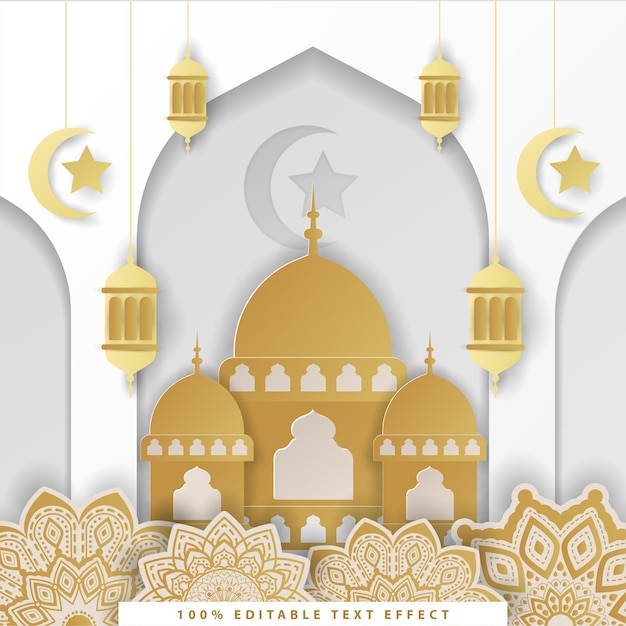 Ramadan kareem islamic background with gold white paper cut style