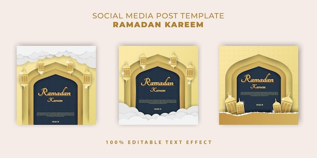 Banner islamico di ramadan kareem con stile taglio carta blu scuro oro