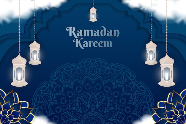 Ramadan Kareem Islamic blue color background with element