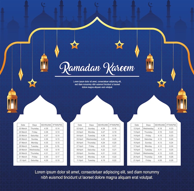 Ramadan Kareem Islamic calendar template and sehri ifter time schedule