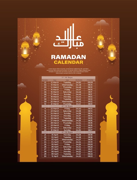 Vettore ramadano kareem modello di calendario islamico e programma di tempo sehri ifter