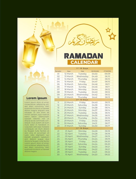 Vettore ramadano kareem modello di calendario islamico e programma di tempo sehri ifter