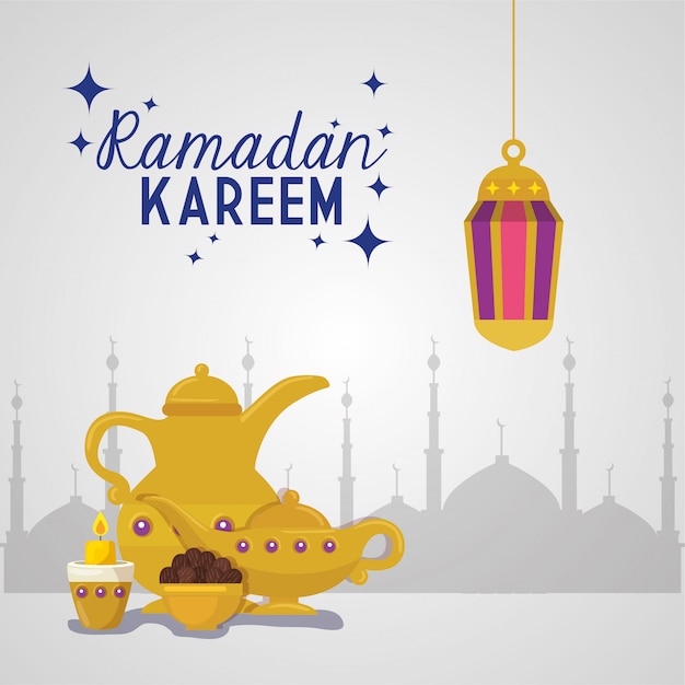 Ramadan kareem islamic card, lanterne d'oro appesi con oggetti d'oro illustrazione