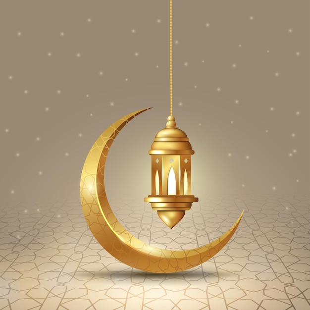 Vector ramadan kareem islamic design crescent moon and lantern with arabic pattern and calligraphy