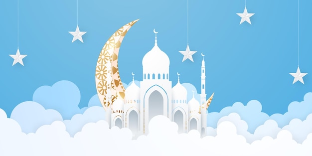 Saluto del festival islamico di ramadan kareem con l'illustrazione di vettore di progettazione della decorazione della luna