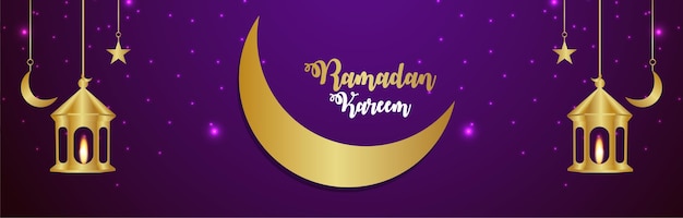 Ramadan kareem islamic festival invitation banner with realistic golden moon and lantern