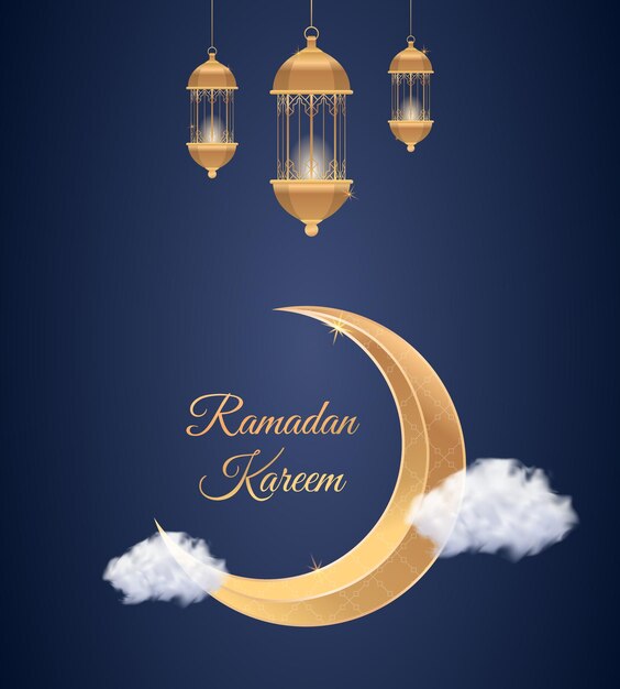 Вектор Рамадан карим исламская поздравительная карточка фон векторная иллюстрация золотая луна и лампа дизайн шаблон иллюстрация с 3d реалистичным золотым фонарем