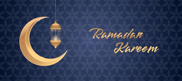 Vettore ramadan kareem carta di auguri islamica sfondo illustrazione vettoriale luna dorata e lampada modello di disegno illustrazione con lanterna dorata realistica 3d