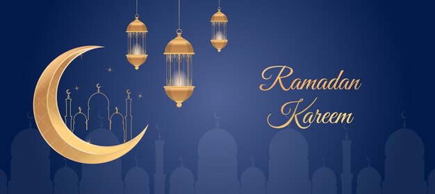 Vector ramadan kareem islamic greeting card background vector illustration golden moon and lamp design template illustration with 3d realistic golden lantern