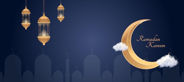 Vector ramadan kareem islamic greeting card background vector illustration golden moon and lamp design template illustration with 3d realistic golden lantern