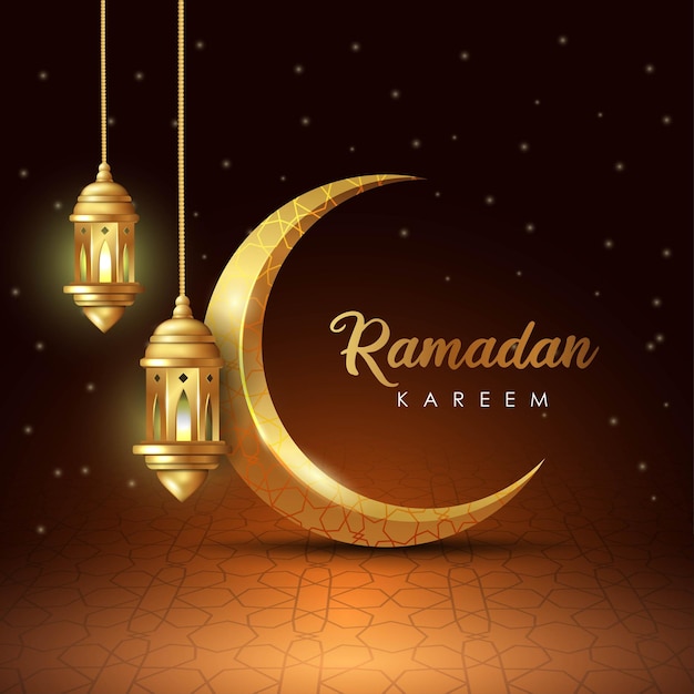 Ramadan kareem islamic greeting card with crescent moon and lantern with arabic pattern and calligraphy