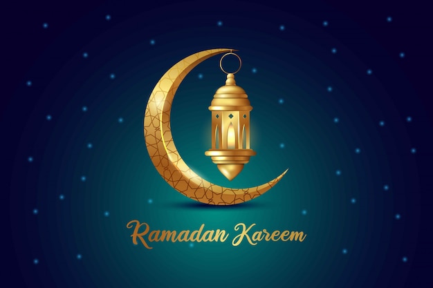 Ramadan kareem islamic greeting design with golden moon and glow lantern illustration