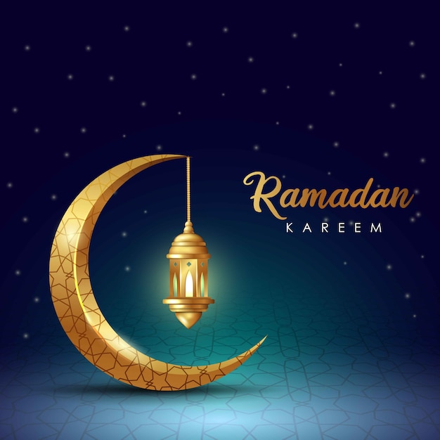 Vector ramadan kareem islamic greeting design with golden moon and glow lantern illustration