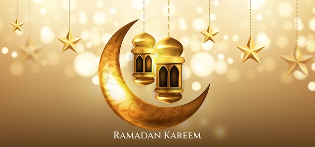 Ramadan kareem islamic greeting with crescent moon , lantern and star