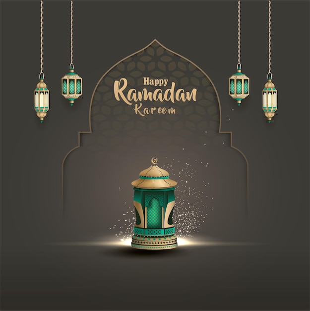 Ramadan kareem islamic greetings card design with beautiful lanterns