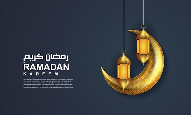 Ramadan kareem islamic greetings card design with crescent moon and hanging realistic lanterns