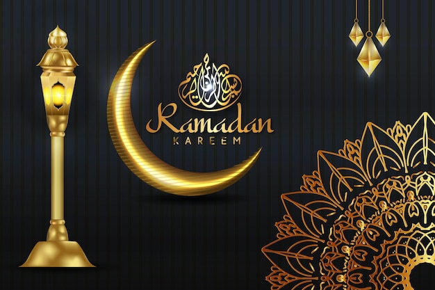 Ramadan kareem islamic greetings decorative background with golden ornament premium vector