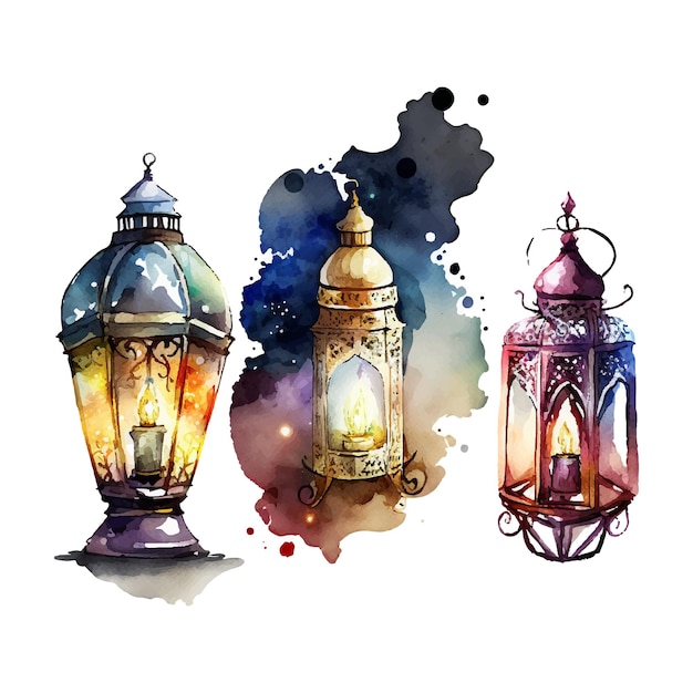 Ramadan Kareem islamic lantern watercolor illustration vector