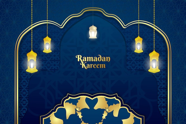 Ramadan Kareem Islamic pattern background blue and gold luxury color with element