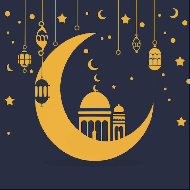 Ramadan Kareem Islamic wishes greeting golden moon and mosque background