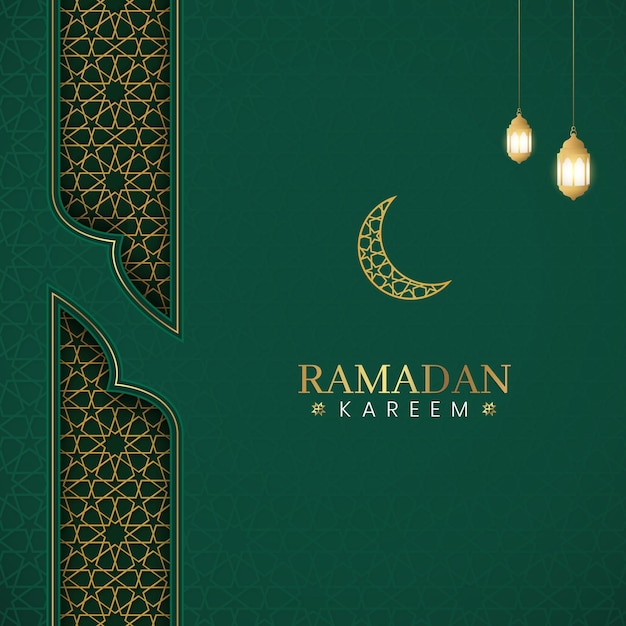 Ramadan Kareem islamitische Arabische groene luxe achtergrond met geometrische patroon en lantaarns