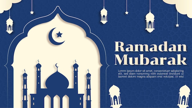 Ramadan kareem islamitische blauwe groetenkaart banner en achtergrond sjabloon