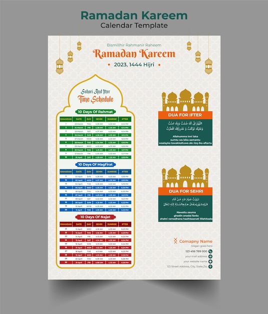 Ramadan Kareem Islamitische kalendersjabloon en sehri ifter tijdschema