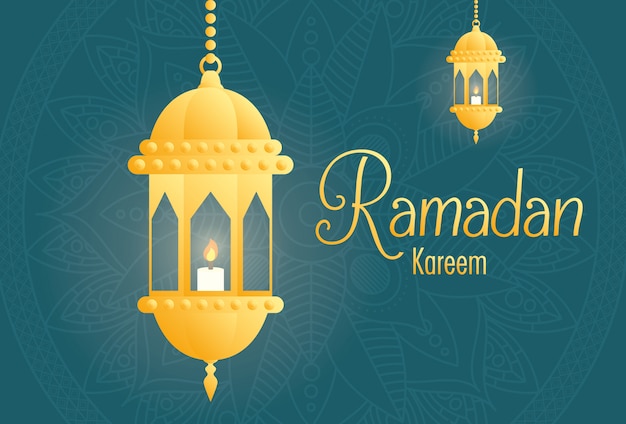 Ramadan kareem-kaart met gouden lantaarns opknoping