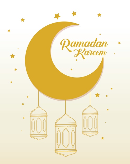 Ramadan Kareem-kaart met hangende lantaarns en maan