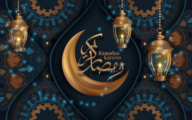 Vector ramadan kareem-kalligrafie met prachtig arabesk patroon en hangende lantaarns