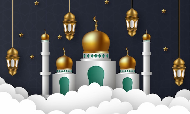 Ramadan kareem-kalligrafie, prachtige moskee en wolken, illustratie