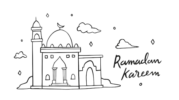 Ramadan kareem kids doodle illustration with arabian mosque architecture background