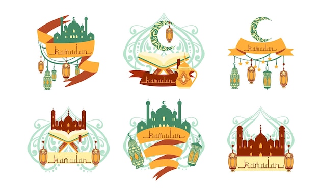 Ramadan Kareem Labels Set Islamitische heilige feestdagen Badges Vector illustratie