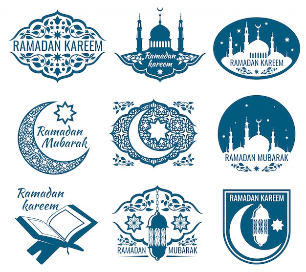 Etichette ramadan kareem. distintivi d'epoca con calligrafia islamica araba.