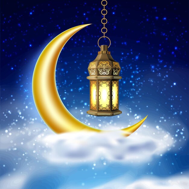 Ramadan kareem-lamp, lantaarn in hemel met maan en wolken. Arabische islamfanoos op sterrenachtergrond