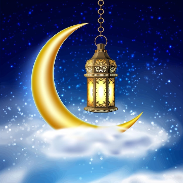 Рамадан карим лампа, фонарь в небе с луной и облаками. арабский ислам фанус на фоне звезд