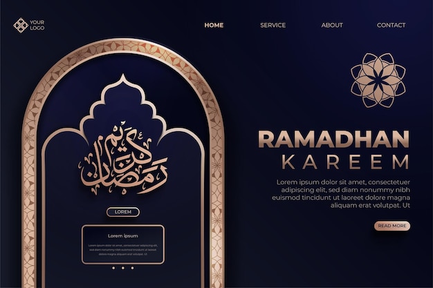 Pagina di destinazione di ramadan kareem con calligrafia di lusso color oro