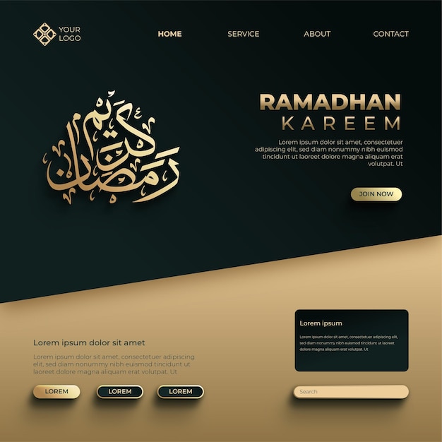 Pagina di destinazione di ramadan kareem con calligrafia di lusso color oro