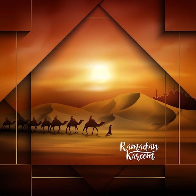 Ramadan kareem landscape arabian and camel illustration