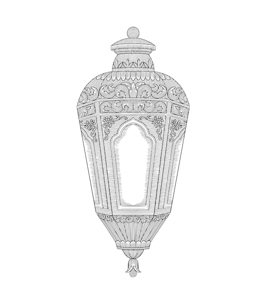 Vettore lanterna ramadan kareem con ornamenti floreali vintage in stile incisione illustrazione