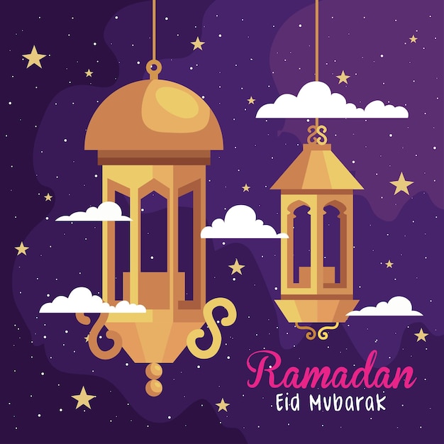 ramadan kareem lettering poster with lamps