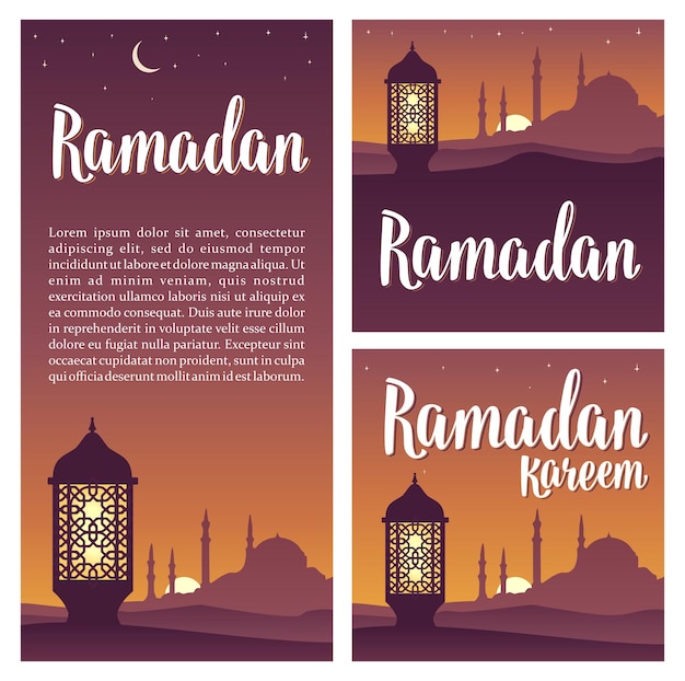 Ramadan kareem lettering con lampada minareti stella a mezzaluna nel cielo