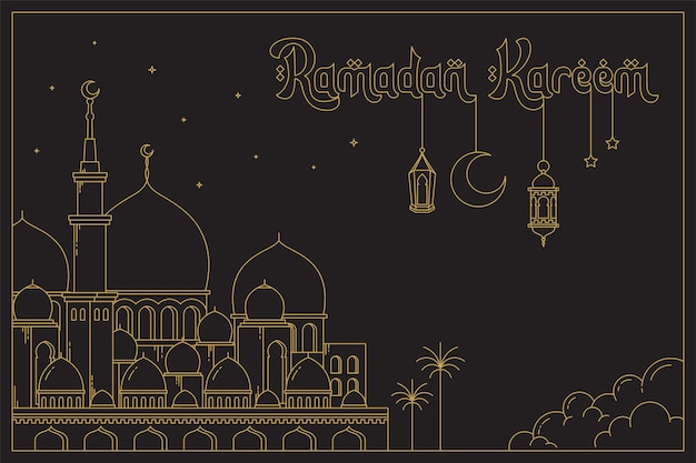 Ramadan kareem line art design of mosque and hanging lantern