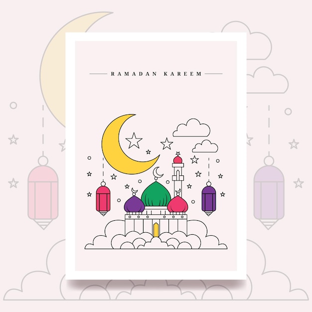 Vector ramadan kareem line art poster illustration with symbols using a mosque cresent lantern