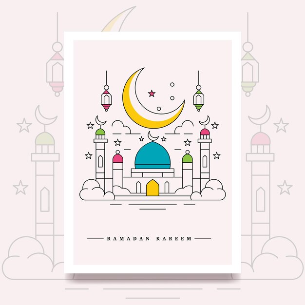 Ramadan Kareem line art style with symbols using a mosque cresent lantern