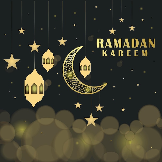 Ramadan kareem luxury islamic greeting background with decorative ornament golden lantern and Premium Vector